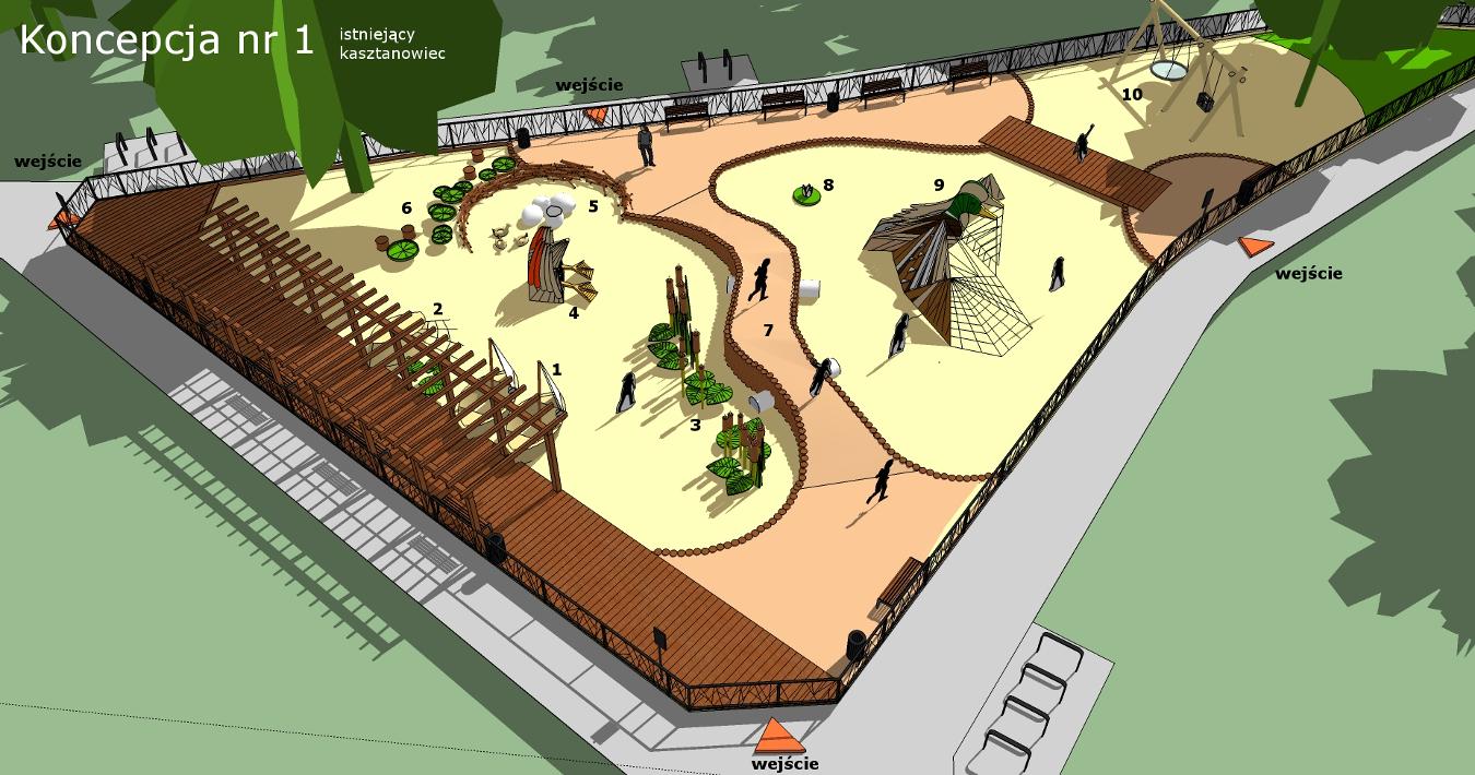 grafika przedstawia wizualizację jedną z koncepcji zagospodarowania placu zabaw w parku Stawy Kellera.