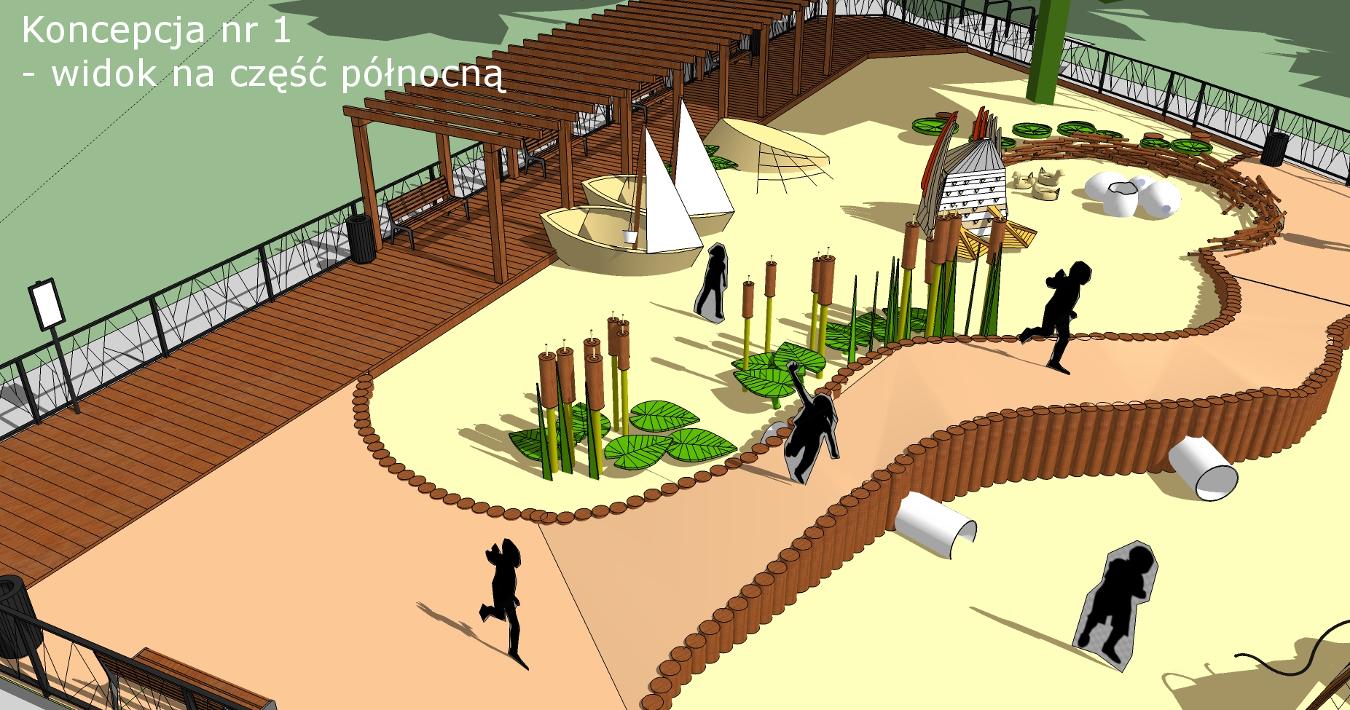 grafika przedstawia wizualizację jedną z koncepcji zagospodarowania placu zabaw w parku Stawy Kellera.