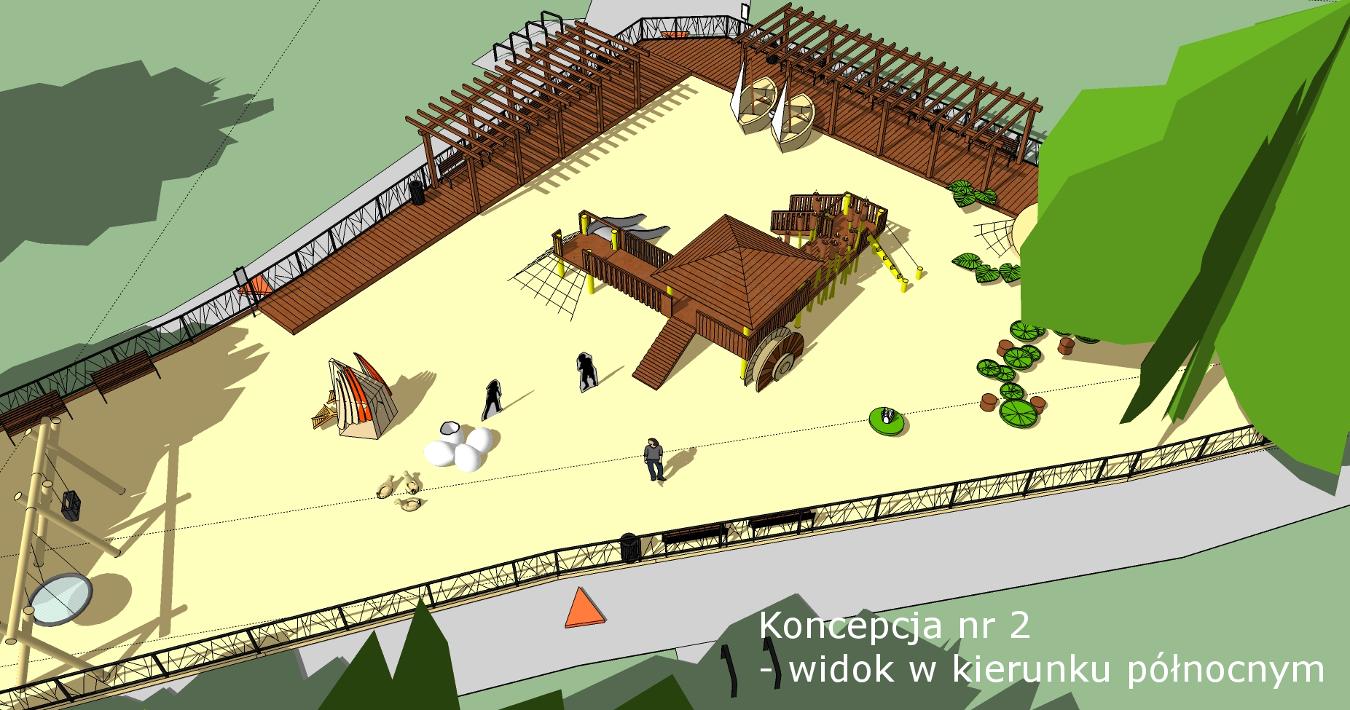 grafika przedstawia wizualizację jedną z koncepcji zagospodarowania placu zabaw w parku Stawy Kellera.