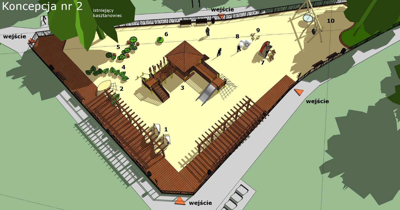 grafika przedstawia wizualizację jedną z koncepcji zagospodarowania placu zabaw w parku Stawy Kellera.