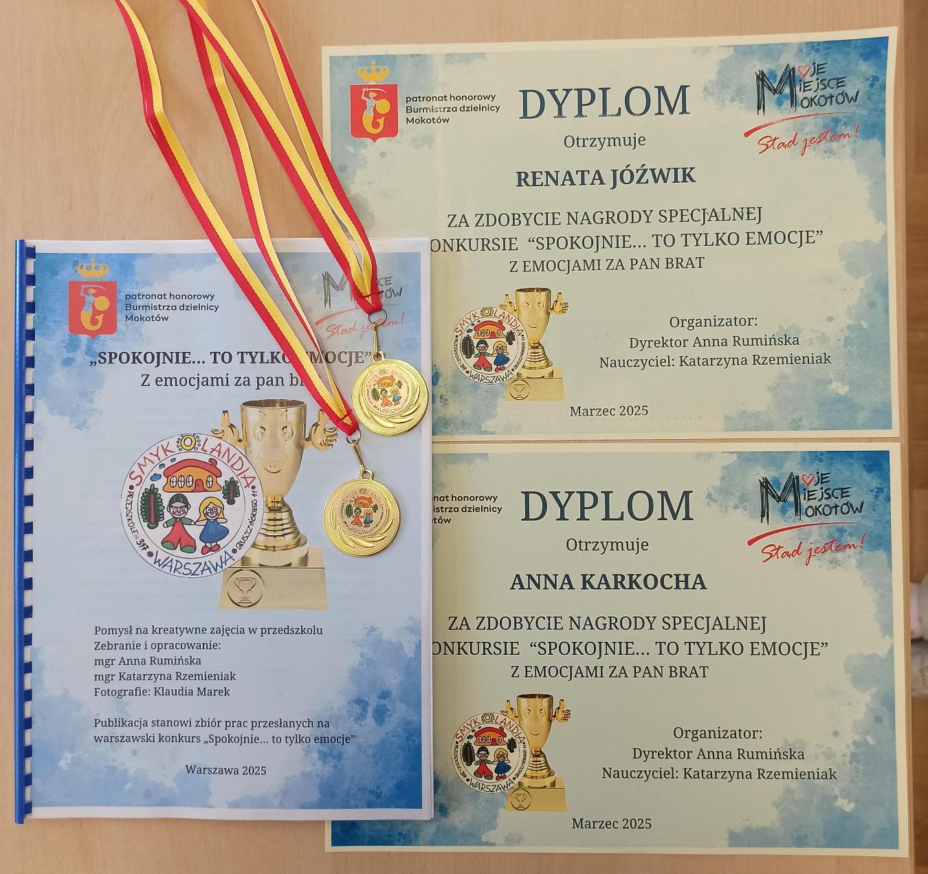 Dwa dyplomy, dwa medale oraz publikacja dot. konkursu - Spokojnie, to tylko emocje.