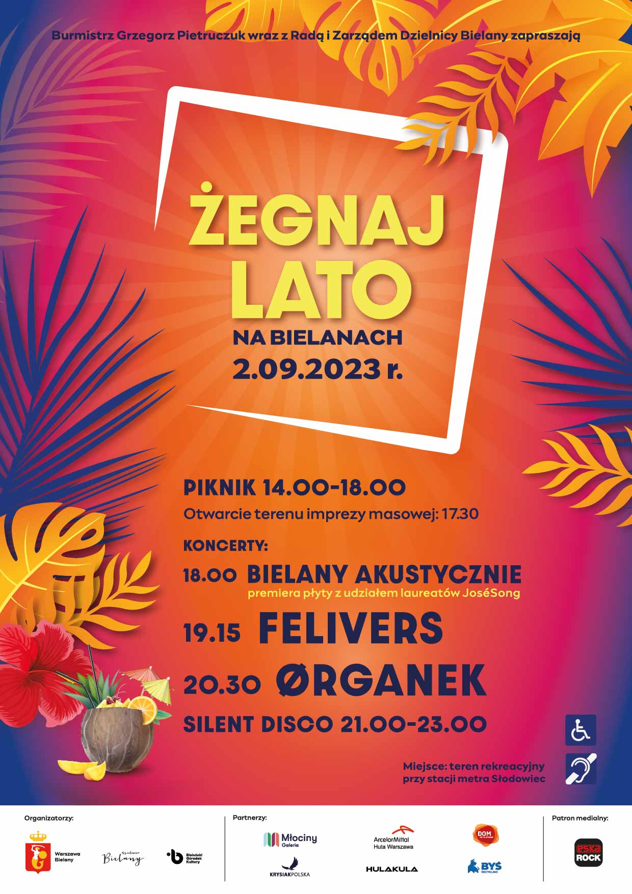Plakat promocyjny wydarzenia "Żegnaj Lato na Bielanach 2023", pomarańczowe tło, palmy, kwiaty