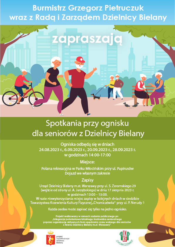 Plakat - Spotkania przy ognisku dla seniorów z Dzielnicy Bielany 2023