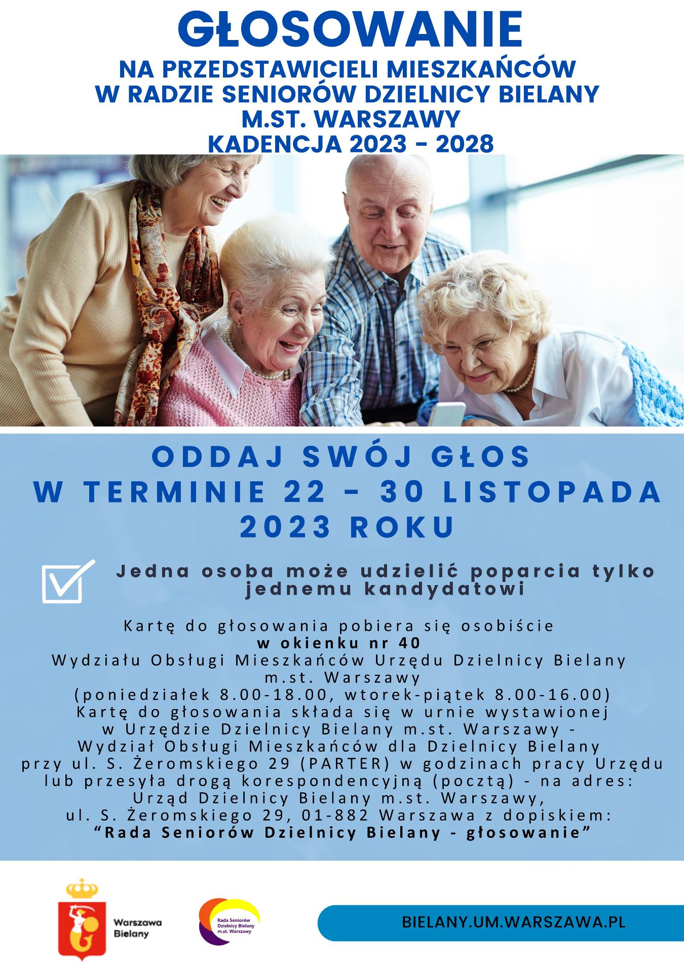 Plakat - Głosowanie na przedstawicieli mieszkańców w Radzie Seniorów Dzielnicy Bielany m.st. Warszawy - kadencja 2023-2028